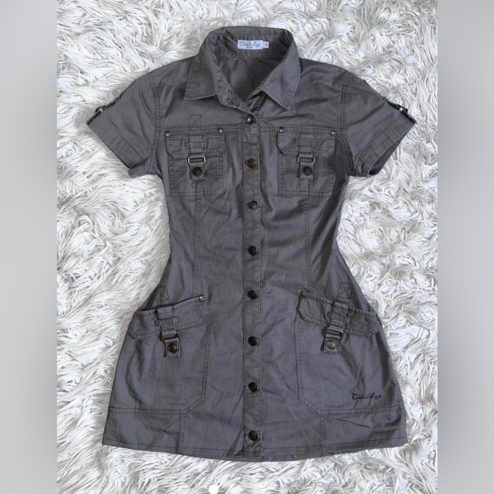 vintage khaki green cargo fitted dress